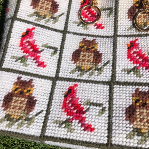 Vintage owls and cardinals needlepoint purse - Picture 2 of 4